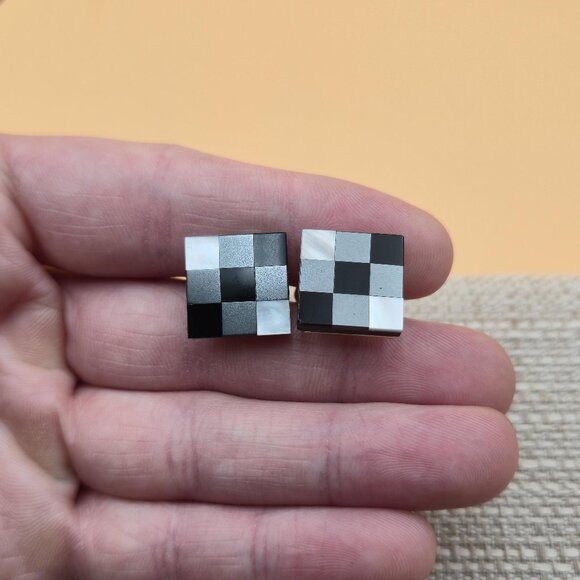 Black And Gold Checkered Shell And Onyx Cuff Links A5986 - Picture 1 of 6